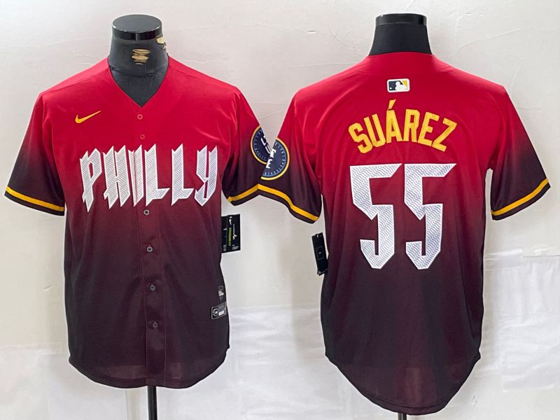Men Philadelphia Phillies 55 Suarez Red City Edition Nike 2024 MLB Jersey style 1